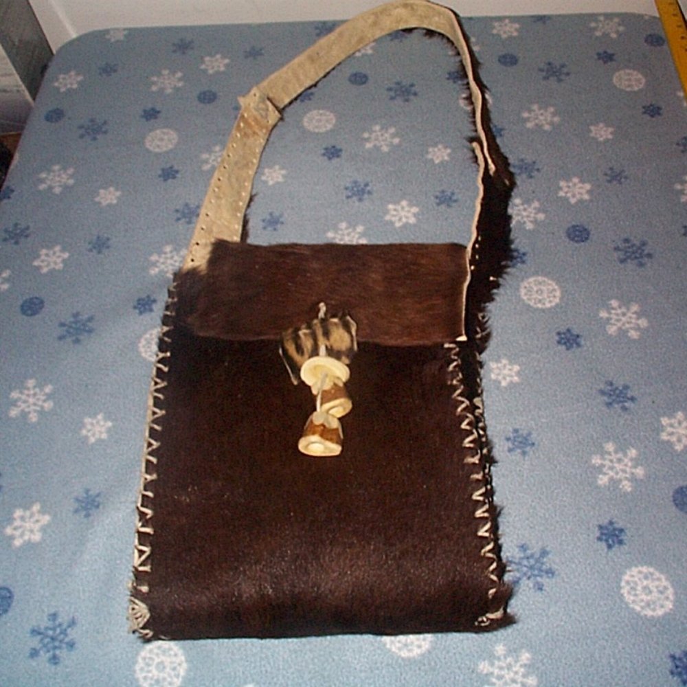 Handmade leather crossbody purse with fur